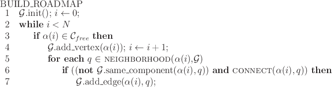 \begin{figure}BUILD\_ROADMAP \\
\begin{tabular}{ll}
1 & ${\cal G}$.init(); $i \...
...25in}}${\cal G}$.add\_edge(${\alpha}(i),q$); \\
\end{tabular} \\\end{figure}