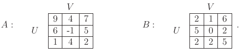 $\displaystyle A: \hspace*{5mm} \begin{tabular}{cc} & $V$  $U$ & \begin{tabu...
... \hline 5 & 0 & 2  \hline 2 & 2 & 5  \hline \end{tabular} \end{tabular} .$