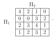 $\displaystyle \begin{tabular}{cc} & $\Pi_2$\ \\ $\Pi_1$\ & \begin{tabular}{\ver...
...e 2 & 3 & 4 & 1 \\ \hline 1 & 2 & 3 & 2 \\ \hline \end{tabular} \end{tabular} .$