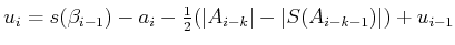 $\displaystyle u_i = s(\beta_{i-1}) - a_i - \begin{matrix}\frac{1}{2} \end{matrix} (\vert A_{i-k}\vert-\vert S(A_{i-k-1})\vert) + u_{i-1}$