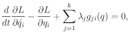 $\displaystyle \frac{d}{dt} \frac{\partial L}{\partial {\dot q}_i} - \frac{\partial L}{\partial q_i} + \sum_{j=1}^k \lambda_j g_{ji}(q) = 0 ,$