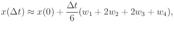 $\displaystyle x(\Delta t) \approx x(0) + \frac{\Delta t}{6} (w_1 + 2 w_2 + 2 w_3 + w_4) ,$