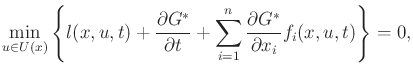 $\displaystyle \min_{u \in U(x)} \left\{ l(x,u,t) + \frac{\partial G^*}{\partial t} + \sum_{i = 1}^n \frac{\partial G^*}{\partial x_i} f_i(x,u,t) \right\} = 0 ,$