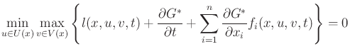 $\displaystyle \min_{u \in U(x)} \max_{v \in V(x)} \left\{ l(x,u,v,t) + \frac{\p...
...t} + \sum_{i = 1}^n \frac{\partial G^*}{\partial x_i} f_i(x,u,v,t) \right\} = 0$
