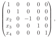 $\displaystyle \begin{pmatrix}1 & 0 & 0 & 0 & 0 \\ 0 & 1 & 0 & 0 & 0 \\ x_2 & 0 & -1 & 0 & 0 \\ x_3 & 0 & 0 & 1 & 0 \\ x_4 & 0 & 0 & 0 & 1 \\ \end{pmatrix} ,$
